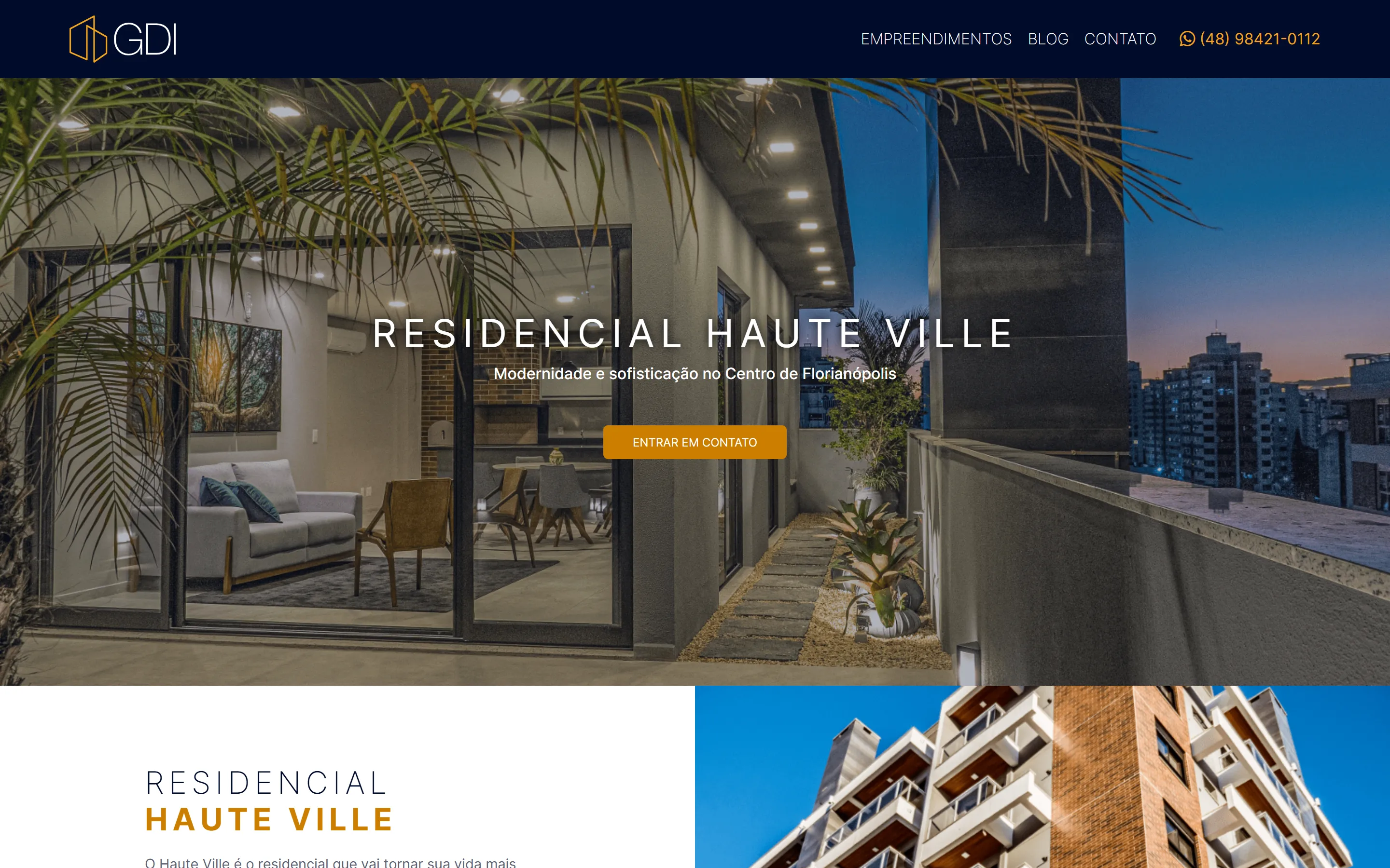 Página do empreendimento Residencial Haute Ville em desktop: um hero com fotografia de um terraço e o botão Entrar em contacto.